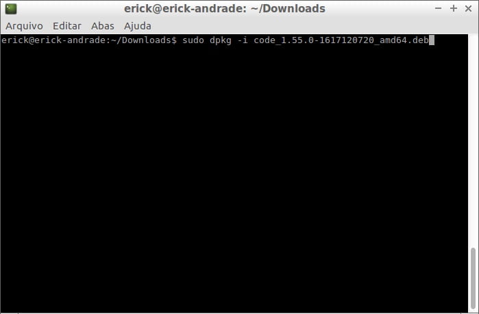 Utilizando o Terminal para instalar o pacote com o comando dpkg -i