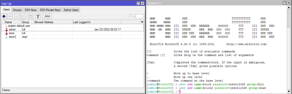 Adicionando usuário no Mikrotik via Terminal